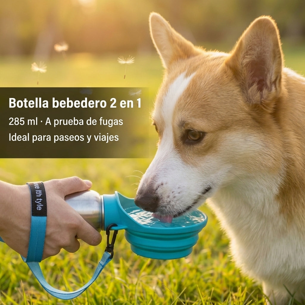 Botella Bebedero Portátil para Perros 285 ml 2 en 1 | Acero Inoxidable y Silicona | A Prueba de Fugas