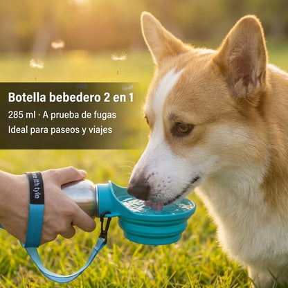 Botella Bebedero Portátil para Perros 285 ml 2 en 1 | Acero Inoxidable y Silicona | A Prueba de Fugas